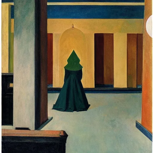 Image similar to scene,prayer,occult,refugees,mosque synagogue interior,masks,geometric art,prism,patina,edward hopper,hilma af klint