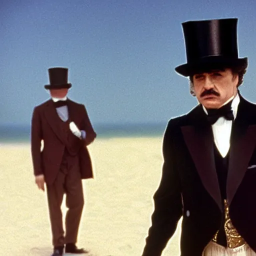 Prompt: the godfather wears a top hat. 5 0 mm, cinematic, technicolor. sea and beach and a clothed woman in the background