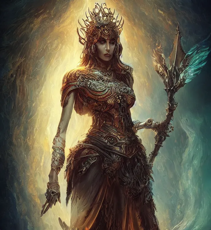 Prompt: unreal engine render + a goddess, tarot card, dark souls colour scheme, luminal, smooth, coherent, high detailed, kerem beyit, Karol Bak, featured on artstation, instagram HD, unreal engine