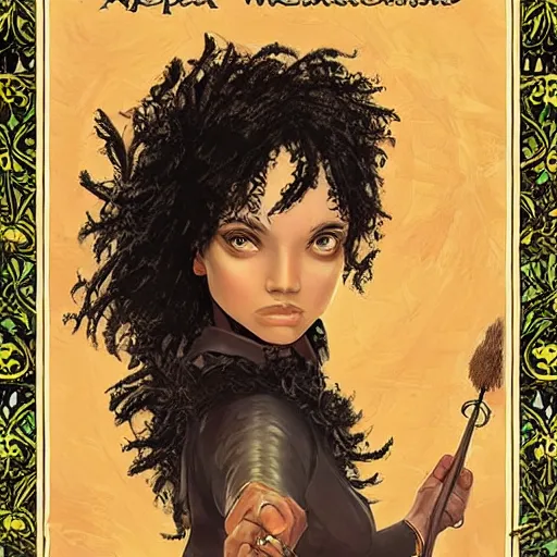 Prompt: happy 19th birthday, cover of a magnificent fantasy book by Neil Gaiman, portrait of a beautiful black hair girl, trending on artstation, highly detailed