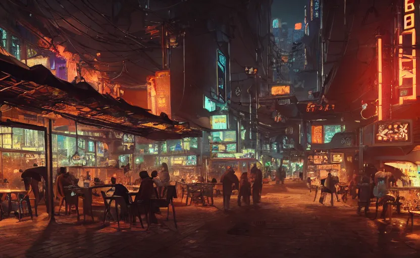 Image similar to a cozy relaxed cafe, looking out at the bustling underbelly of a thriving cyberpunk city at night, trending on cgsociety, unreal engine, 4 k wallpaper