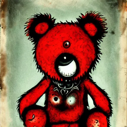 Prompt: dark art cartoon grunge drawing of a teddy bear with bloody eyes by tim burton - loony toons style, horror theme, detailed, elegant, intricate