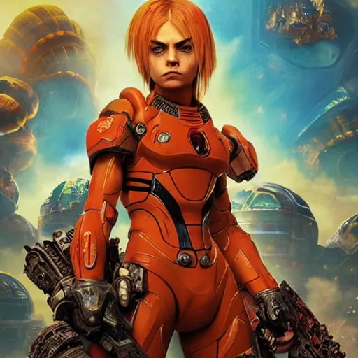 Image similar to movie poster of Cara delevingne as Orange Samus Aran , angry face, screaming, Gears of War cover art, ultra wide lens shot,cinematic lighting, art by Artgerm and Greg Rutkowski and Alphonse Mucha