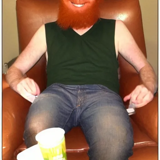 Prompt: drunk ginger haired man slouched on the couch smiling wearing a cone on his head