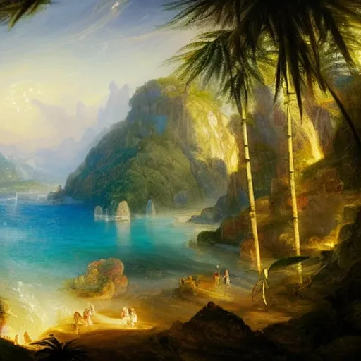 Image similar to Detailed exterior of sunny island, sparkling cove, epic light, sparkling cove, tropical landscape, lush vegetation, bamboo huts, In style of Peter Mohrbacher, art of J.M.W. Turner