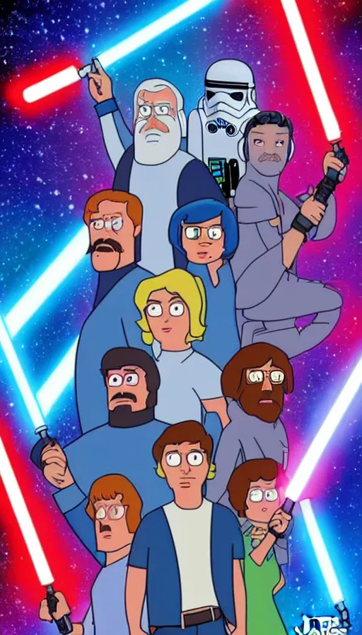 Image similar to movie poster bobs burger cast in star wars, highly detailed, hyper realistic, large text, bright colours