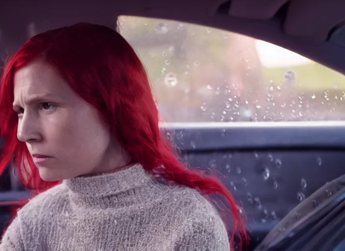 Image similar to A very high resolution image from a new movie, inside of a car, red hair woman, raining, hot, directed by wes anderson