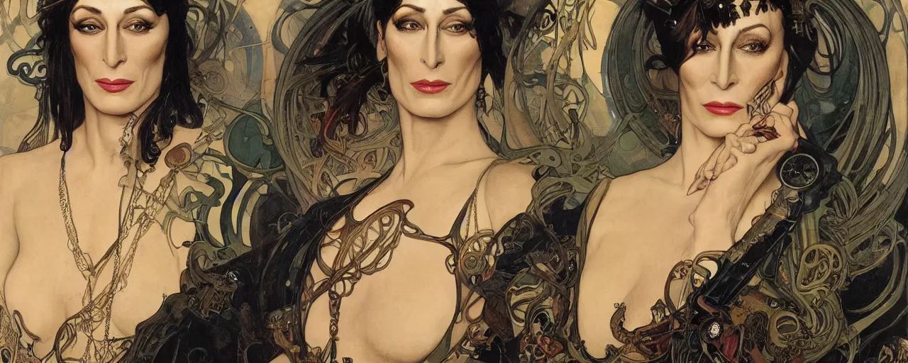 Image similar to stunning exotic art nouveau portrait of anjelica huston as an industrial dieselpunk queen of the night by glenn fabry, simon bisley and alphonse mucha, photorealism, extremely hyperdetailed, perfect symmetrical facial features, perfect anatomy, ornate declotage, spikes, latex, confident expression, wry smile, sinister eyes