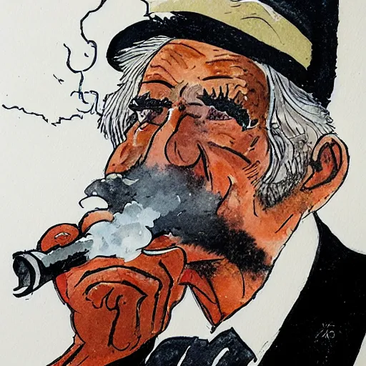 Prompt: portrait of old gray - haired smart mexican magician smoking a pipe, lots of smoke. watercolor with pancil by hugo pratt.