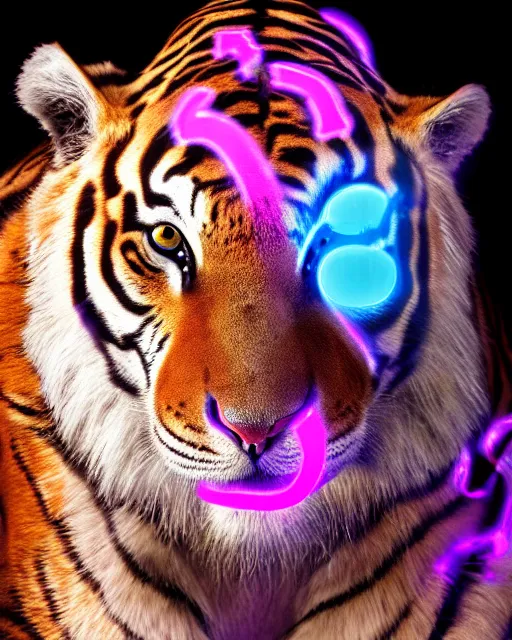 Image similar to natural light, soft focus extreme close up portrait of a cyberpunk anthropomorphic tiger with soft synthetic pink skin, blue bioluminescent plastics, smooth shiny metal, elaborate ornate head piece, piercings, skin textures, by annie leibovitz, paul lehr