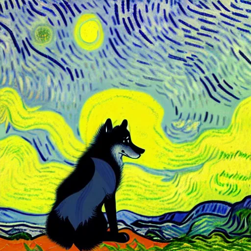 Image similar to view from behind of fluffy baby grey wolf sitting on the shore of a pond, looking out at a sunset, award winning illustration by vincent van gogh