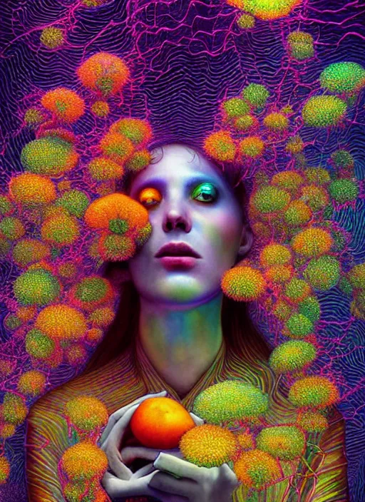 Image similar to hyper detailed 3d render like a Oil painting - Aurora (evocative cyberpunk and oil rainbow faced Singer) seen Eating of the Strangling network of yellowcake aerochrome and milky Fruit and Her delicate Hands hold of gossamer polyp blossoms bring iridescent fungal flowers whose spores black out the foolish stars by Jacek Yerka, Mariusz Lewandowski, Houdini algorithmic generative render, Abstract brush strokes, Masterpiece, Edward Hopper and James Gilleard, Zdzislaw Beksinski, Mark Ryden, Wolfgang Lettl, hints of Yayoi Kasuma, octane render, 8k