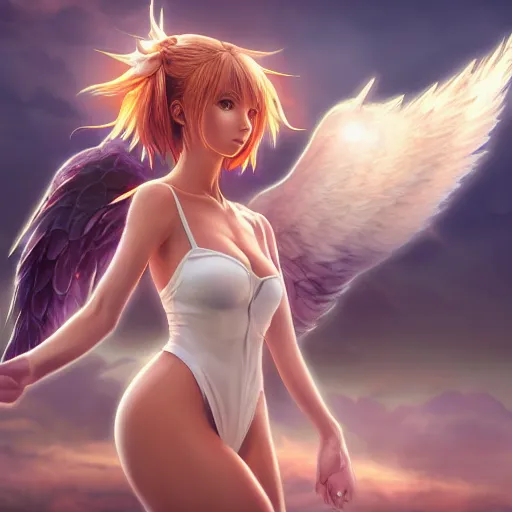 Image similar to an oil painting of a beautiful anime girl with angel wings, by artgerm, hd, hdr, ue 5, ue 6, unreal engine 5, cinematic 4 k wallpaper, 8 k, ultra detailed, high resolution, artstation, award winning