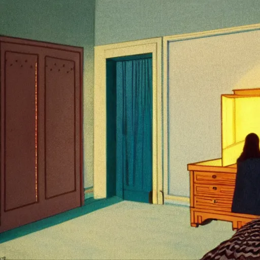 Prompt: a lonely girl in a room, film still by wes anderson, depicted by mackintosh, limited color palette, very intricate, art nouveau, highly detailed, lights by hopper, soft pastel colors, minimalist