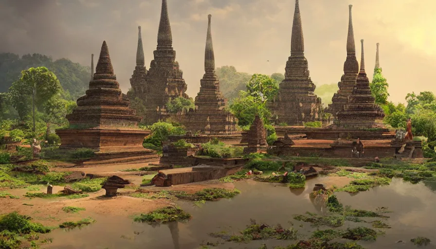 Image similar to matte painting of a beautiful sukhothai village, digital art, trending on artstation