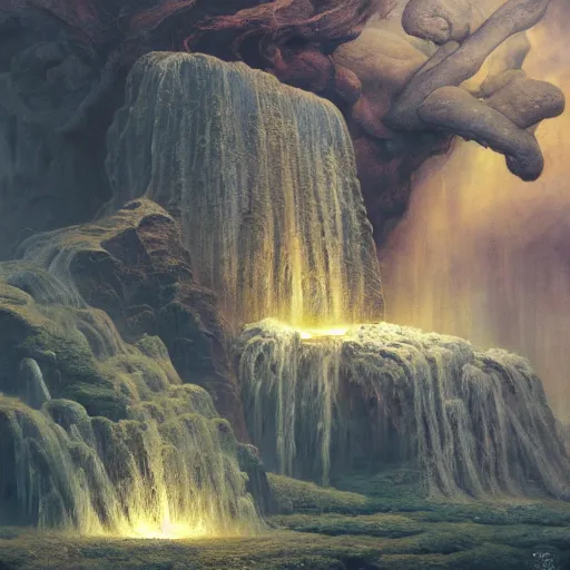 Image similar to the throne of abundance, matte painting, gold coins waterfalls | highly detailed oil painting, hyperrealistic, very intrincate | cinematic lighting, award - winning | by rachel ruysch, giger, beksinski and bocklin | by austin osman spare and william blake, trending on artstation, cgsociety, official art, octane.