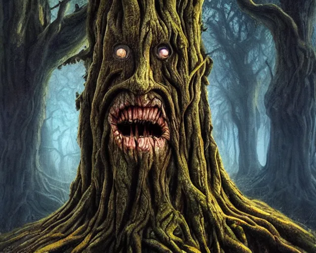 Prompt: a talking oak tree, huge face in the bark, eyes in the bark, mouth in the bark, horror concept art, sharp teeth, digital painting, oil painting, hyperrealistic, treebeard, ent, undead, fantasy monster, moonlight, in the forest, by alan lee, by artgerm