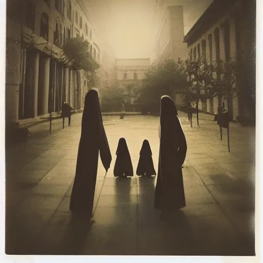 Image similar to low angle wide shot of busy Night Vale square, angels do not exist, scouts, hooded figures in robes, sunrise, polaroid photo, by Warhol,