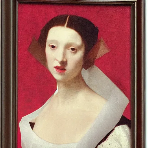 Prompt: sublime portrait of a woman in a red satin dress, very pale, graceful, imposing, idealistic, by Vermeer, Van Dyck, Jean Auguste Dominique Ingres, 17th-century, smooth, sharp focus, highly realistic