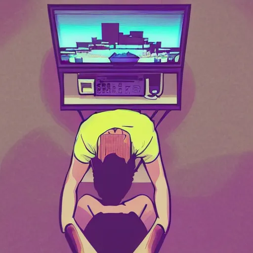 Image similar to aerial view photo of a guy laying on the floor of his bedroom looking at the camera, synthwave colors, computer, cell phone, video games, tv, knick knacks, faded effect, scribble anime, light, bright, no shadows