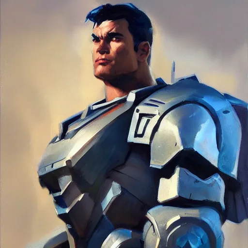 Image similar to greg manchess portrait painting of armored superman as overwatch character, medium shot, asymmetrical, profile picture, organic painting, sunny day, matte painting, bold shapes, hard edges, street art, trending on artstation, by huang guangjian and gil elvgren and sachin teng