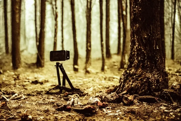 Image similar to terrible dark forest in the depths of which there is a thick butcher in a dirty shirt, chopping meat on a wooden stump, filmed hidden on a phone camera, Cinematic, wildlife photography, 35mm, photo on iphone