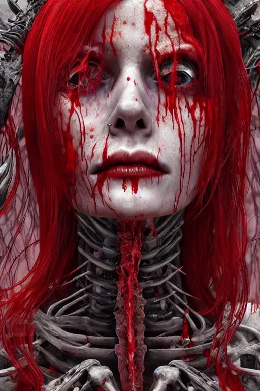 Image similar to woman skeleton covered with blood, long red hair, ultra realistic, concept art, intricate details, highly detailed, photorealistic, octane render, 8 k, unreal engine. retro film still, heavy grain, 3 5 mm, art by artgerm and greg rutkowski and alphonse mucha