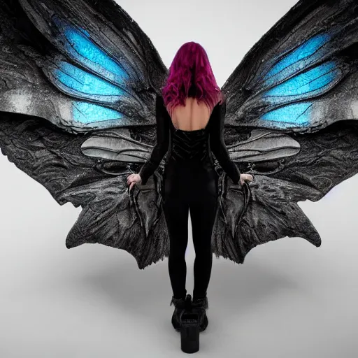 Prompt: a dark cyberpunk faerie with large wings photographed by Merkley???, Photorealistic, professional photo, Zeiss 50mm F 10, dynamic lighting, cinematic