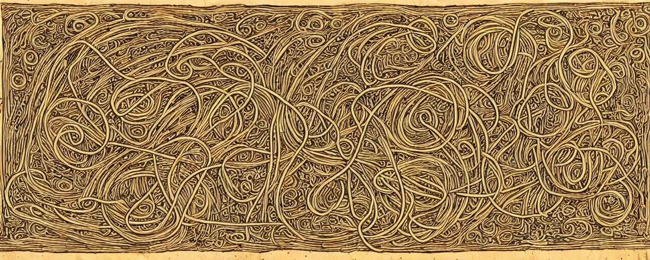 Image similar to ancient book with images of spaghetti, in the style of the popol vuh, fine detail,