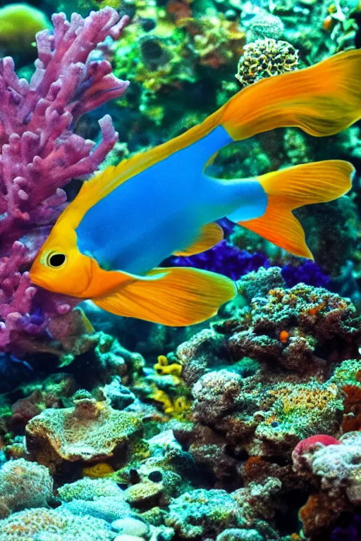 Image similar to a beautiful and colorful fish swimming through a coral in the ocean
