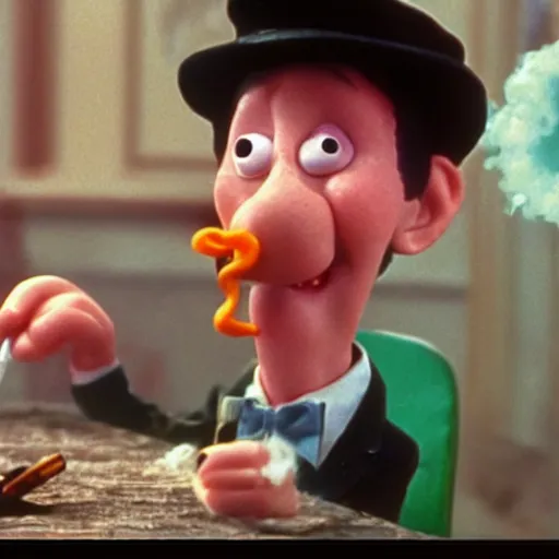 Image similar to Wallace smoking crack in a still from the movie A Grand Day Out (1989), Aardman Animations, claymation, 4k, high quality
