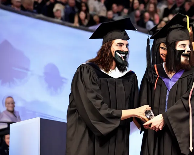 Image similar to man wearing guy fawkes mask accepts award from obama, university graduation pose, photo, cinematic lighting