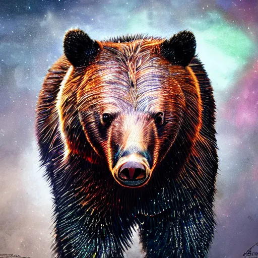 Image similar to Photorealistic horned bear. Hyperdetailed photorealism, 108 megapixels, amazing depth, glowing rich colors, powerful imagery, psychedelic Overtones, 3D finalrender, 3d shading, cinematic lighting, artstation concept art