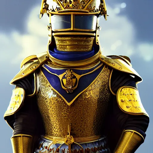 Image similar to a highly detailed knight in a T golden helmet and a golden crown with a blue diamond in the center, golden armor, leather clothes under the armor, leather gloves, holds a black sword, artstation, DeviantArt, professional, octane render, sunset lighting