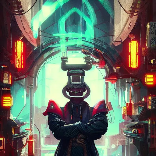 Image similar to “oni genie as cyberpunk dictator, similar to Aku from Samurai Jack, D&D, fantasy, intricate, cinematic lighting, highly detailed, digital painting, artstation, concept art, smooth, sharp focus, illustration, art by Artgerm and Greg Rutkowski and Alphonse Mucha”