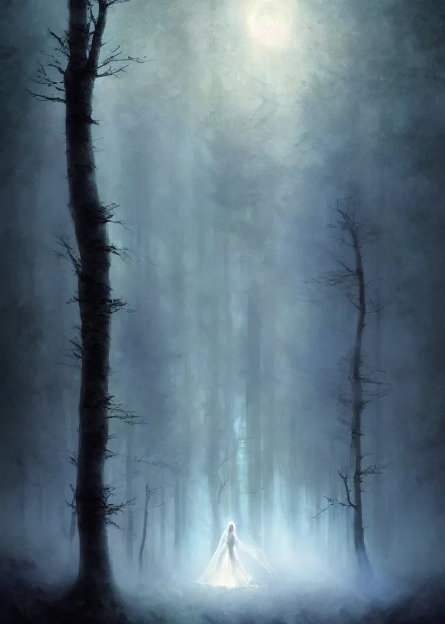 Prompt: the twilight dance of the fae by aleksi briclot, greg rutkowski and ivan aivazovsky, dancers in white lit only by the moon, contemporary dance on the forest floor, contemporary dance, volumetric, atmospheric, watercolor, surrealist, artstation, artgerm, concept art