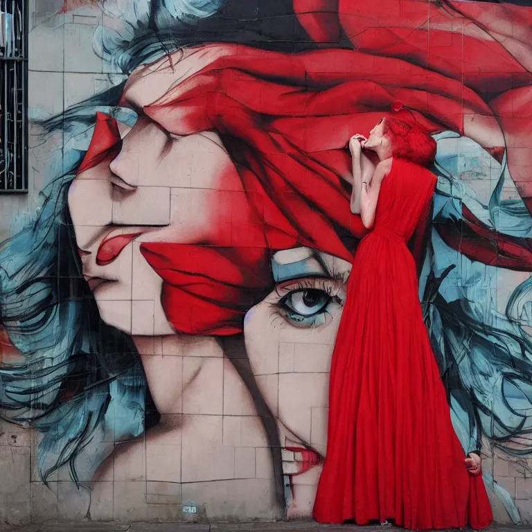 Image similar to Street-art portrait of beautiful woman wearing red evening dress in style of Etam Cru