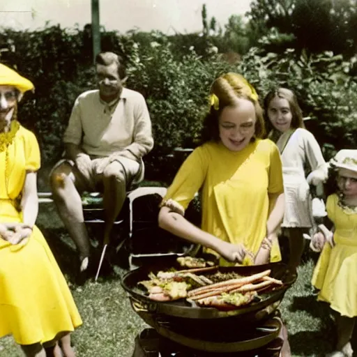 Image similar to an image of a queen with tan skin long rippling cinnamon hair and emerald colored eyes in a medium full shot, vintage historical fantasy 1 9 3 0 s kodachrome slide german and eastern european mix. the queen is pictured attending a barbecue for youth volunteers. she is dressed in a yellow dress paired with green accessories.