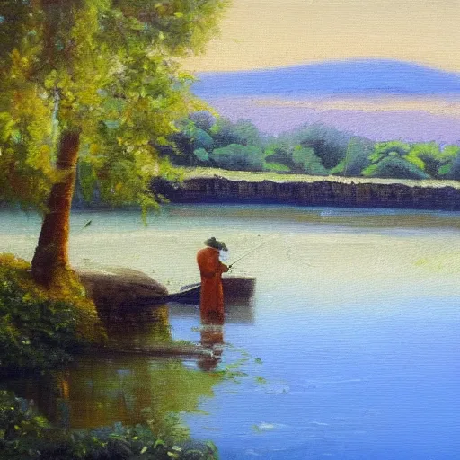 Prompt: fisherman at the riverside, idyllic, relaxing, oil painting, continental school of art, 4 k, fine art, atelier