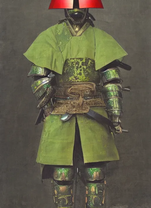 Image similar to a japanese samurai but his armor is greeen, little bit red, damaged and the helmet is almost futuristic, very detailed oil painting, dark and realistic, japanese art art