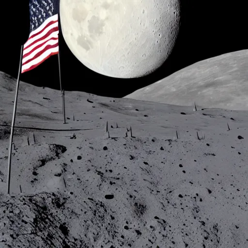 Image similar to fantasy illustration of american moon landing with american flag in 8 k