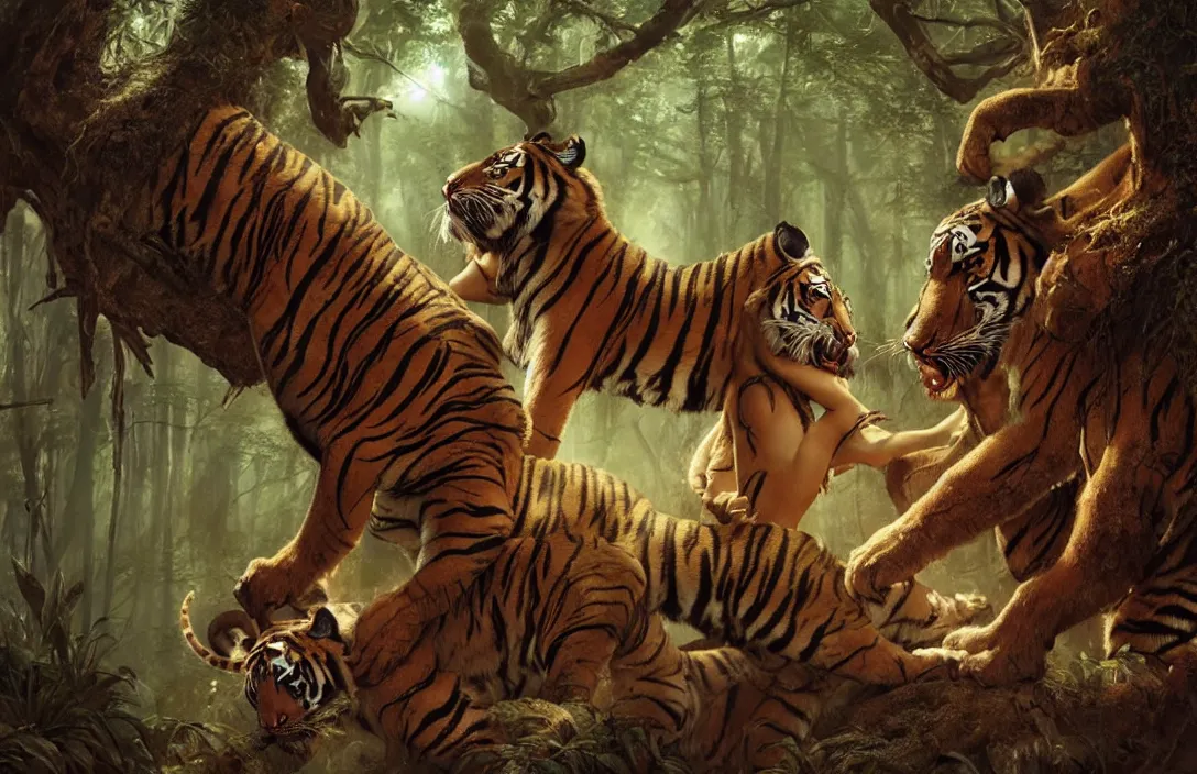 Image similar to tigers eating a succubus eaten by tigers in an ancient bioluminescent forest, ana de armas, flawless symmetrical pretty cute face kissing ecstacy, greg rutkowski, 8 k, shallow depth of field, intricate detail, concept art,