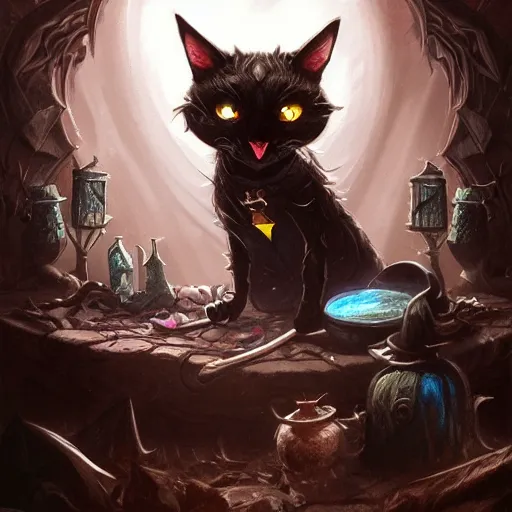 Image similar to Anthropomorphized dark Cat, evil, brewing potion in witch Hut, magic the gathering artwork, horror, D&D, fantasy, cinematic lighting, centered, symmetrical, highly detailed, digital painting, artstation, concept art, smooth, sharp focus, illustration, volumetric lighting, epic Composition, 8k, art by Akihiko Yoshida and Greg Rutkowski and Craig Mullins, oil painting, cgsociety