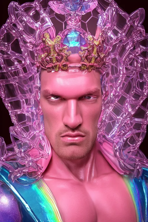 Image similar to hyper detailed ultra sharp fullbody photo of baroque and cyberpunk transparent pink gem sculpture of a muscular seductive muscular macho italian man feeling muy cachondo, muy dotado, iridescent humanoid deity wearing pink plastic seethrough cloak, holding a rainbow tiger gem, blue diamond, glowing pink face, crown of white diamonds, cinematic lighting, photorealistic, octane render 8 k
