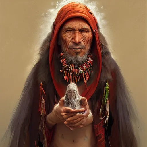 Prompt: portrait of the shaman in the style by Mandy Jurgens