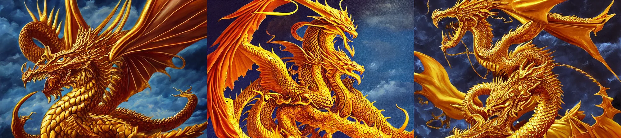 Prompt: Divine Golden Dragon Descends from the Skies, Acrylic painting, Dark Fantasy, Medieval-looking, symmetry, trending on Artstation, trending on Deviantart, artstationHQ, artstationHD, full color, by Kentaro Miura