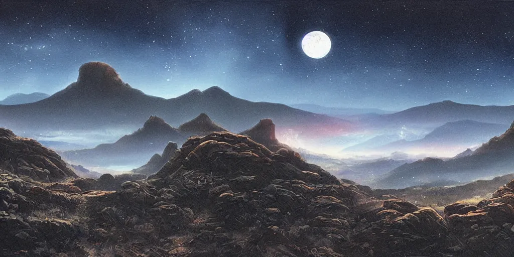 Image similar to grand landscape of rocky sci - fi hills during the dark night, art by kotaro chiba