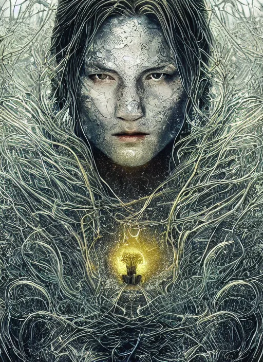 Image similar to glowing silver and golden elements, full close-up portrait, pen and ink crow, book cover, green forest, white moon, establishing shot, extremly high detail, photo-realistic, cinematic lighting, pen and ink, intricate line drawings, by Yoshitaka Amano, Ruan Jia, Kentaro Miura, Artgerm, post processed, concept art, artstation, matte painting, style by eddie mendoza, raphael lacoste, alex ross