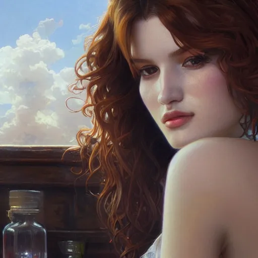 Image similar to ultra realistic illustration, bella thorne as barmaid, intricate, elegant, highly detailed, digital painting, artstation, concept art, smooth, sharp focus, illustration, art by artgerm and greg rutkowski and alphonse mucha