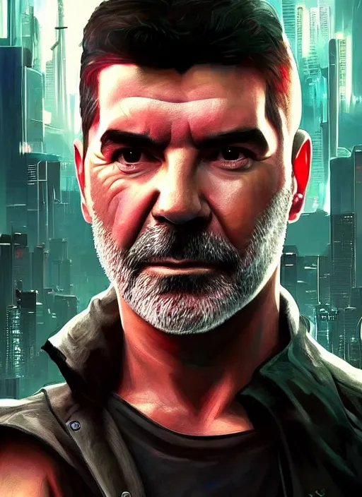 Prompt: portrait of Simon Cowell as a homeless character in Cyberpunk 2077, looking at camera, intricate, dystopian, sci-fi, extremely detailed, digital painting, artstation, concept art, smooth, sharp focus, illustration, intimidating lighting, incredible art by artgerm and greg rutkowski and alphonse mucha and simon stalenhag